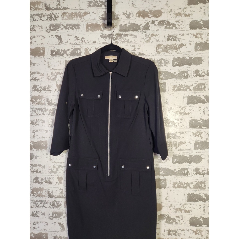 Michael Kors Shirt Dress Medium Black Zip Front Knee‎ Length Pockets Utility